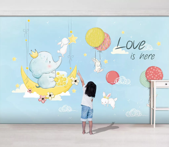 3D Blue Elephant Rabbit Balloon Child Wall Mural Wallpaper 959