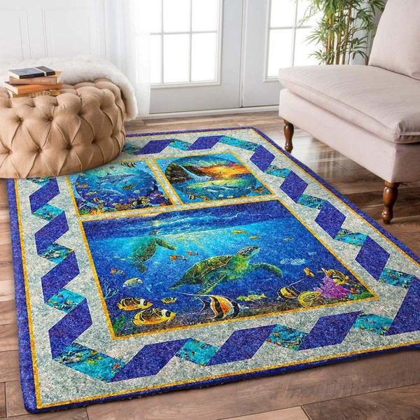 Blue Ocean Turtle Fish Dolphin Seagull Sunset Mountain Waterfall Dv0510035R Rug