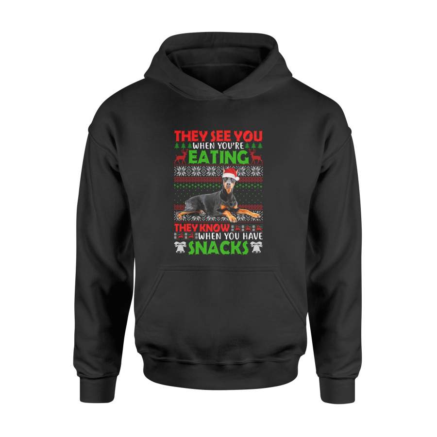 Ugly Sweater Doberman They See You Eating Christmas Long Sleeve T-Shirt – Standard Hoodie