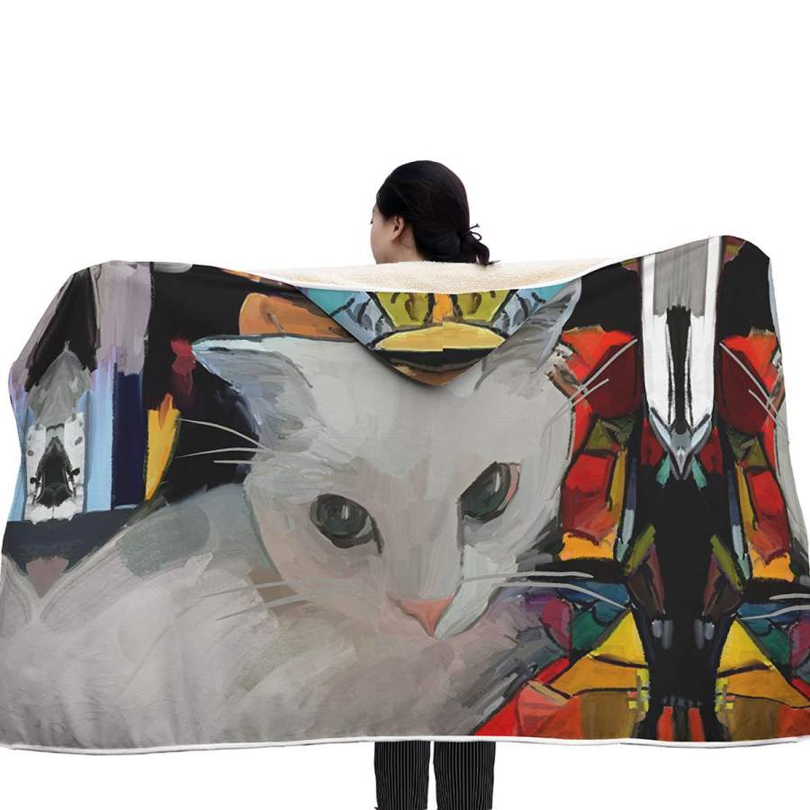 White Cat Hooded Blanket