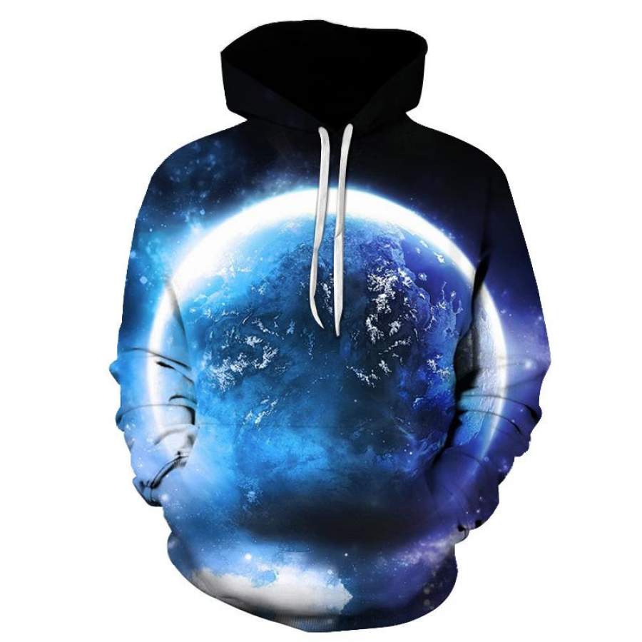 3D Blue Earth Graphic Hoodie All-Over Print Pullover Sweatshirt