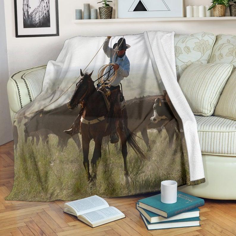 Cowboy Western Horse Roping Cows Fleece Blanket – Black And Green Tv Blanket – Exclusively Licensed Artwork