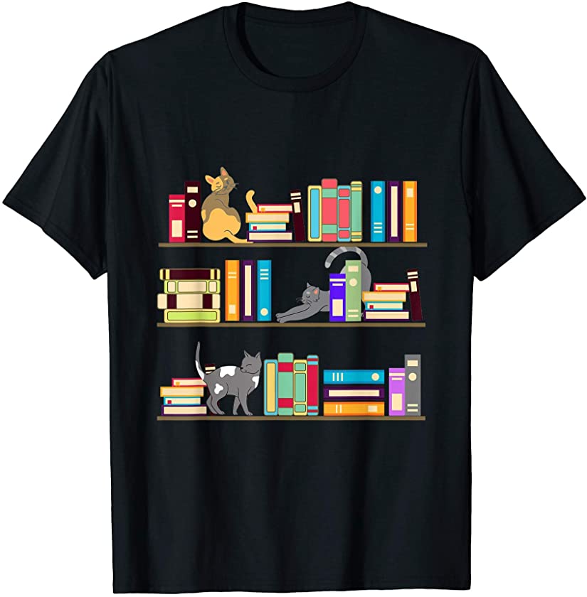 Library cats kittens reader book lovers pet shelf T-Shirt