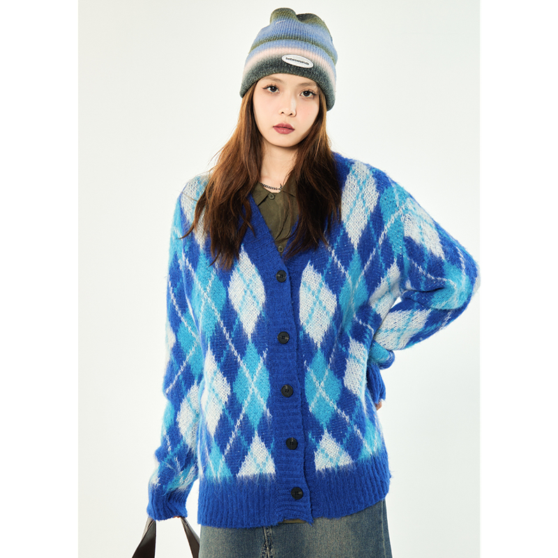 Women Blue Cardigan Sweater Outerwear Diamond Check Fashion Vintage Lazy Wind Winter Thicken Warm Long Sleeve Knitting Coat alx