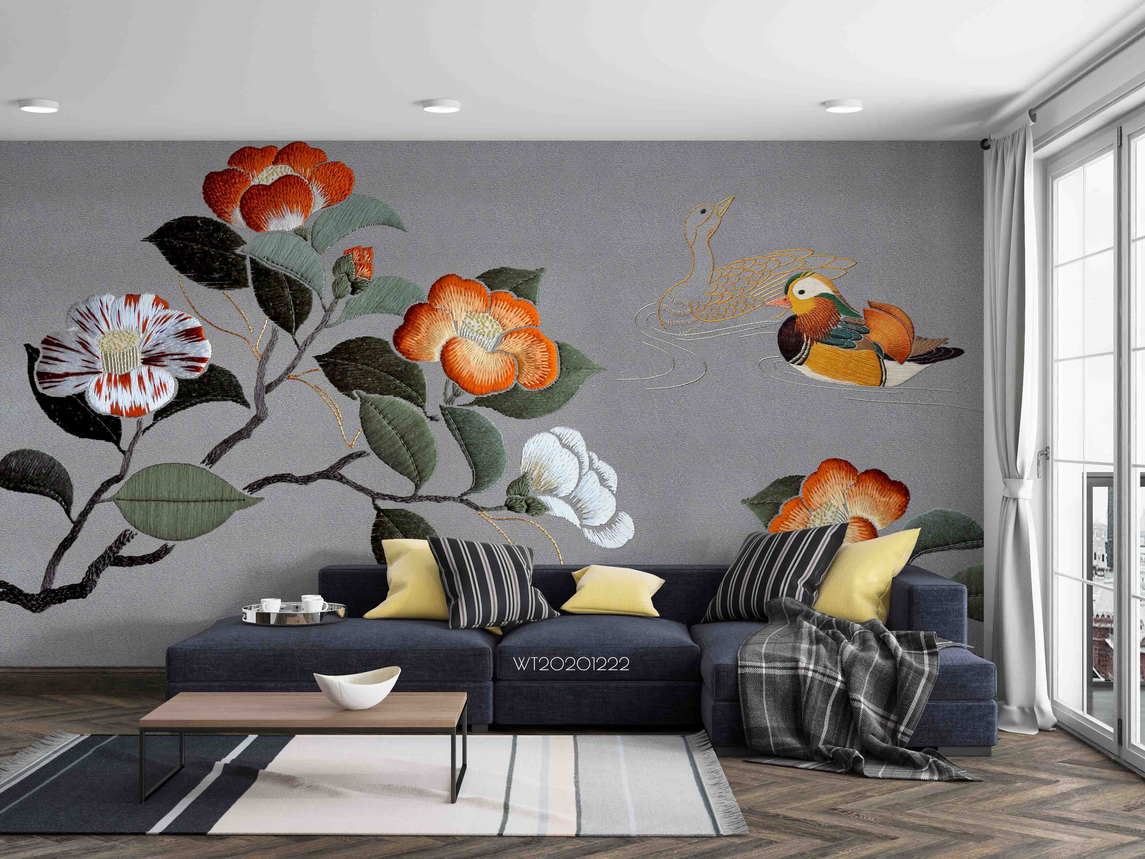 3D Hand Drawn Floral Animal Mandarin Duck Wall Mural Wallpaper Lqh 118