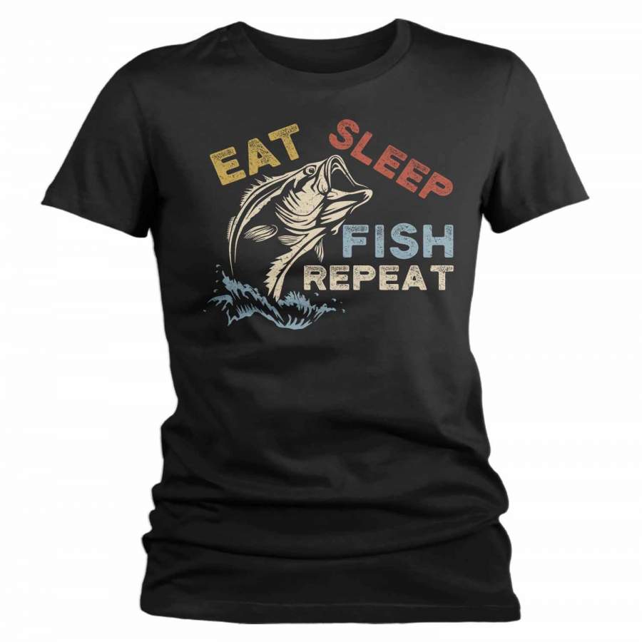 Women’s Fishing T Shirt Eat Sleep Fish Repeat Shirt Eat Sleep Fish Shirt Fisherman Shirt Fishing Gift Vintage Fishing Shirt