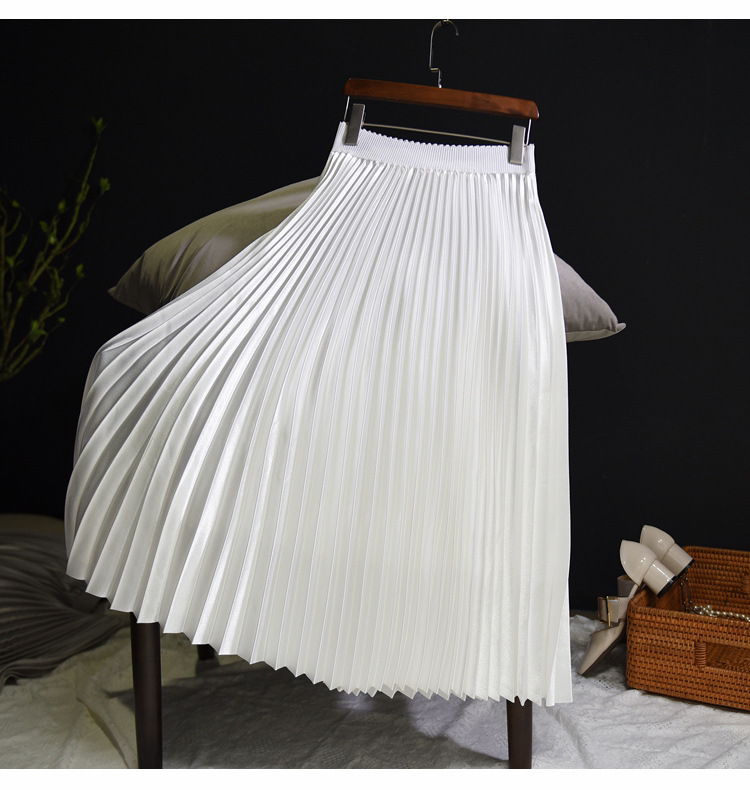 Women Elegant Metal Color Pleated Skirt Elastic High Waist Midi Skirt Female High Quality Chic Skirts Saias 2021 Spring SK396 alx