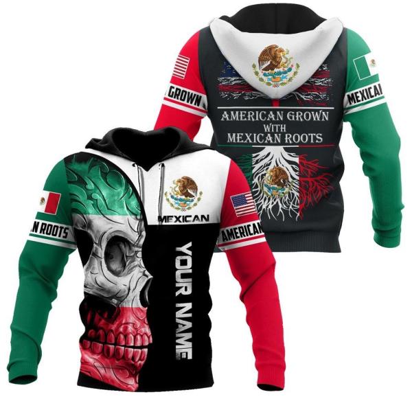 American Grown With Mexican Roots Mexican Flag Logo Skull 3D All Over Printed Unisex Hoodie