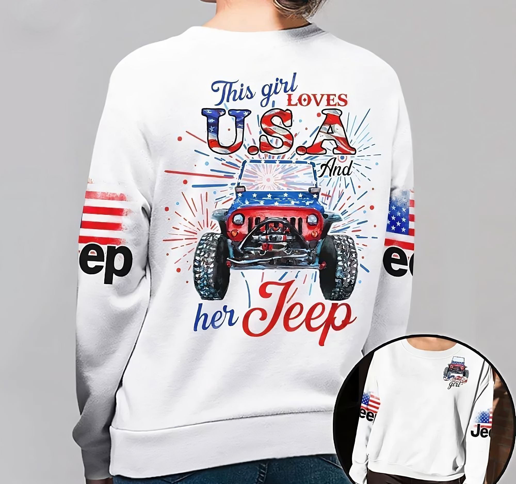 This Girl Loves Usa And Her Jeep All Over Print White Sweatshirt