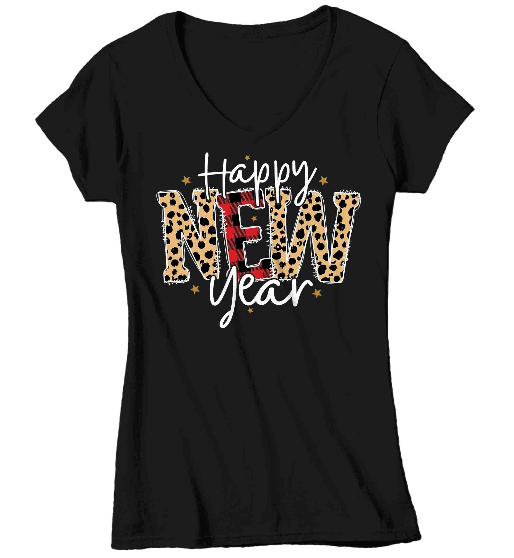 Women’S V-Neck New Year’S Tee Happy New Year Shirt T Shirt Leopard Shirts Party New Year Eve Celebrate Plaid Ladies Graphic Tee