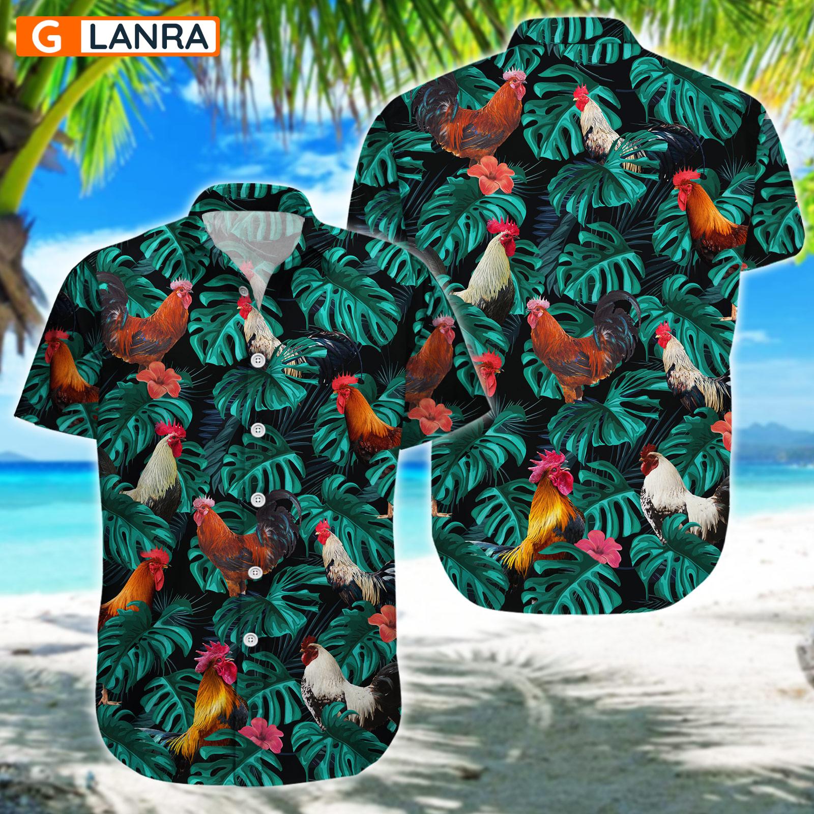 Rooster Palm Leaves Flower Button Shirt, Farm Rooster Button Shirt, Summer Rooster Hawaiian Shirt, Chicken Leaf Hawaiian Shirt, Summer Tropical Shirt