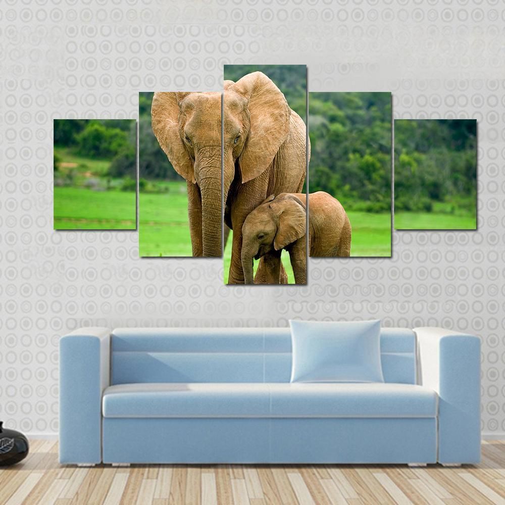 Young With Adult One In Green Fields Animal 5 Panel Canvas Art Wall Decor