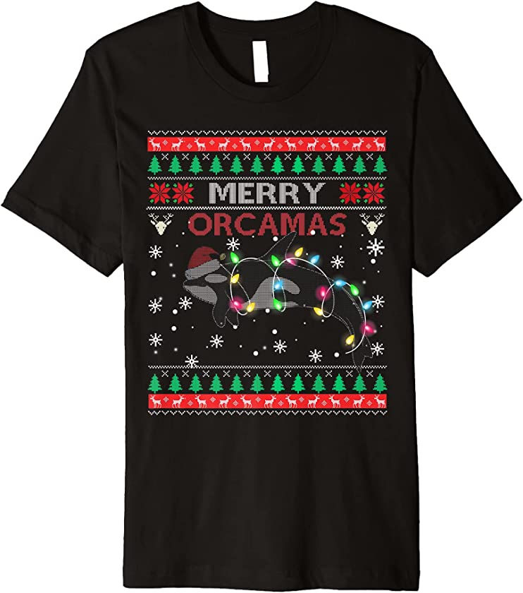 Merry Orcamas Santa Claus Killer Whale Fan Ugly Xmas Sweater Premium T-Shirt