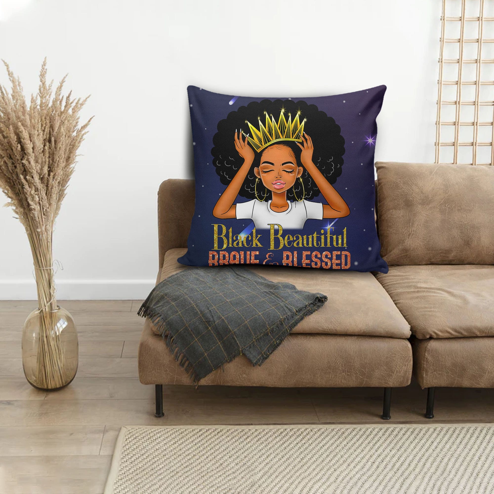 Afrocentric Throw Pillows Black Beautiful Brave Blessed Melanin Girl Square Throw Pillow African Print Accent Pillows