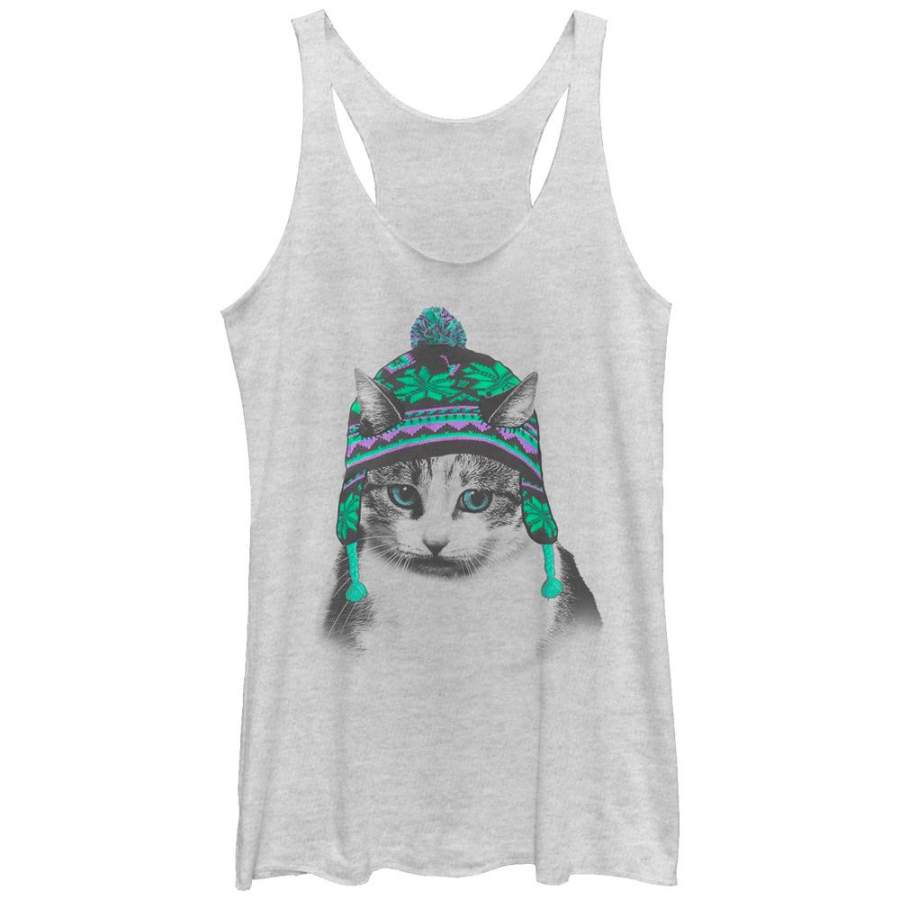 Lost Gods Women’s Winter Hat Kitten  Racerback Tank White Heather