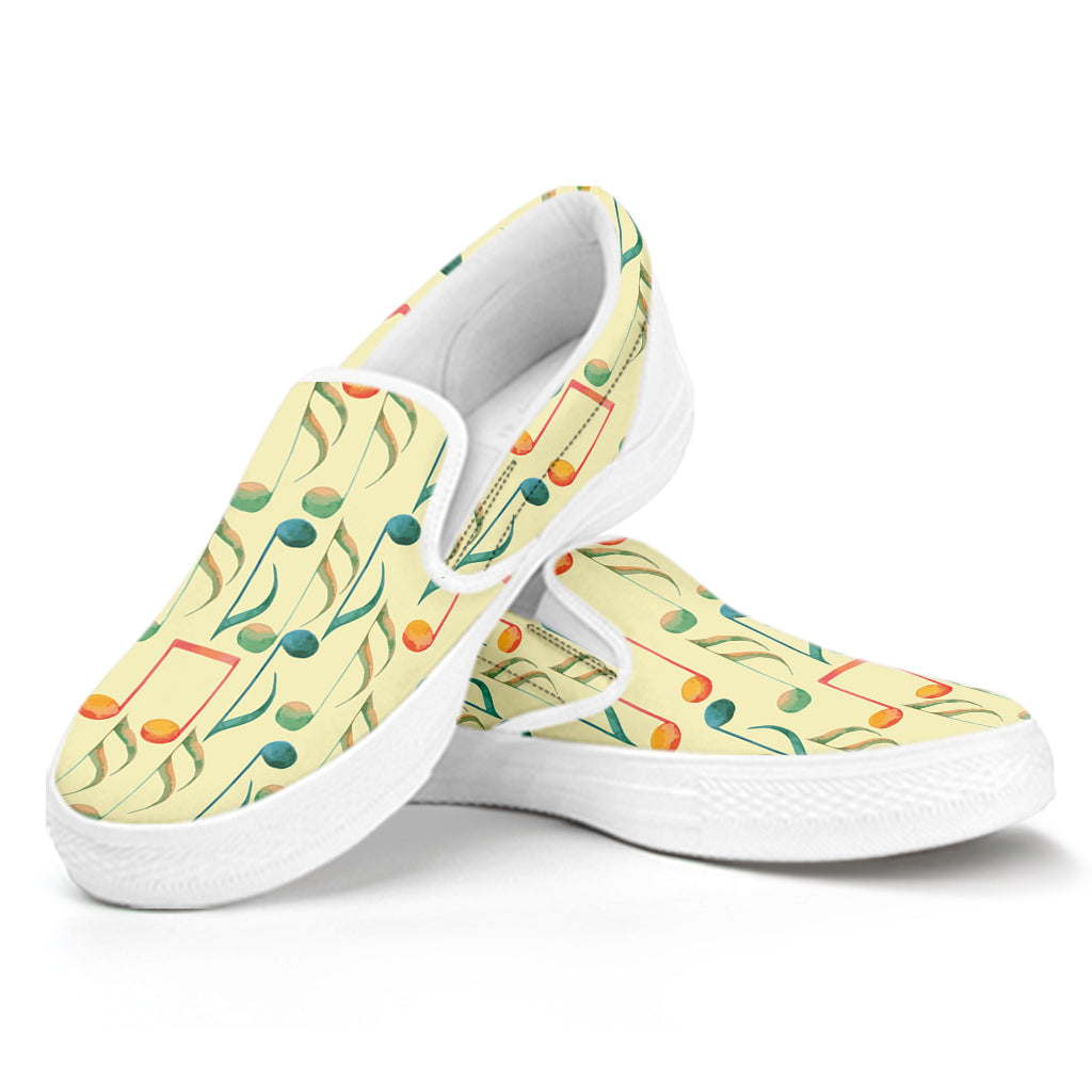 Watercolor Music Notes Pattern Print White Slip On Shoes