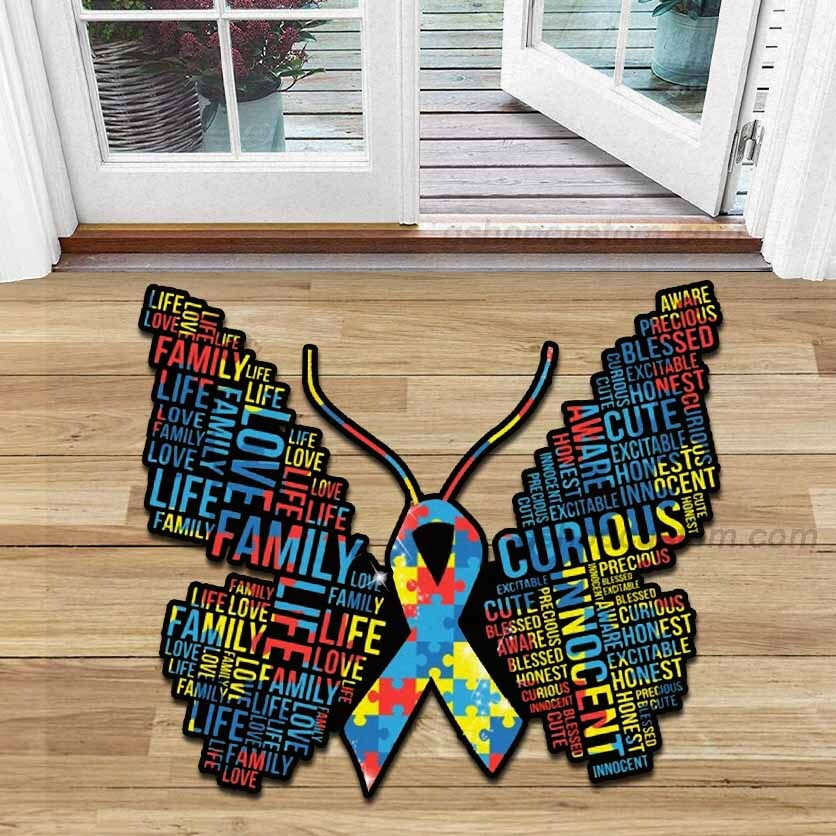 Butterfly Ribbon Autism Awareness Shaped Doormat – Butterfly Autism 3D Rug Doormat Decor – Sdm-A0087