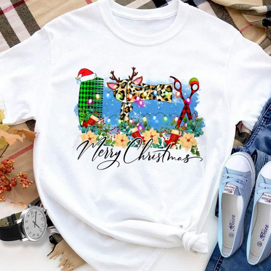 Hairstylist merry christmas comb santa hat leopard hairdryer plaid drag happy christmas white cotton t shirt for men and women S-6XL