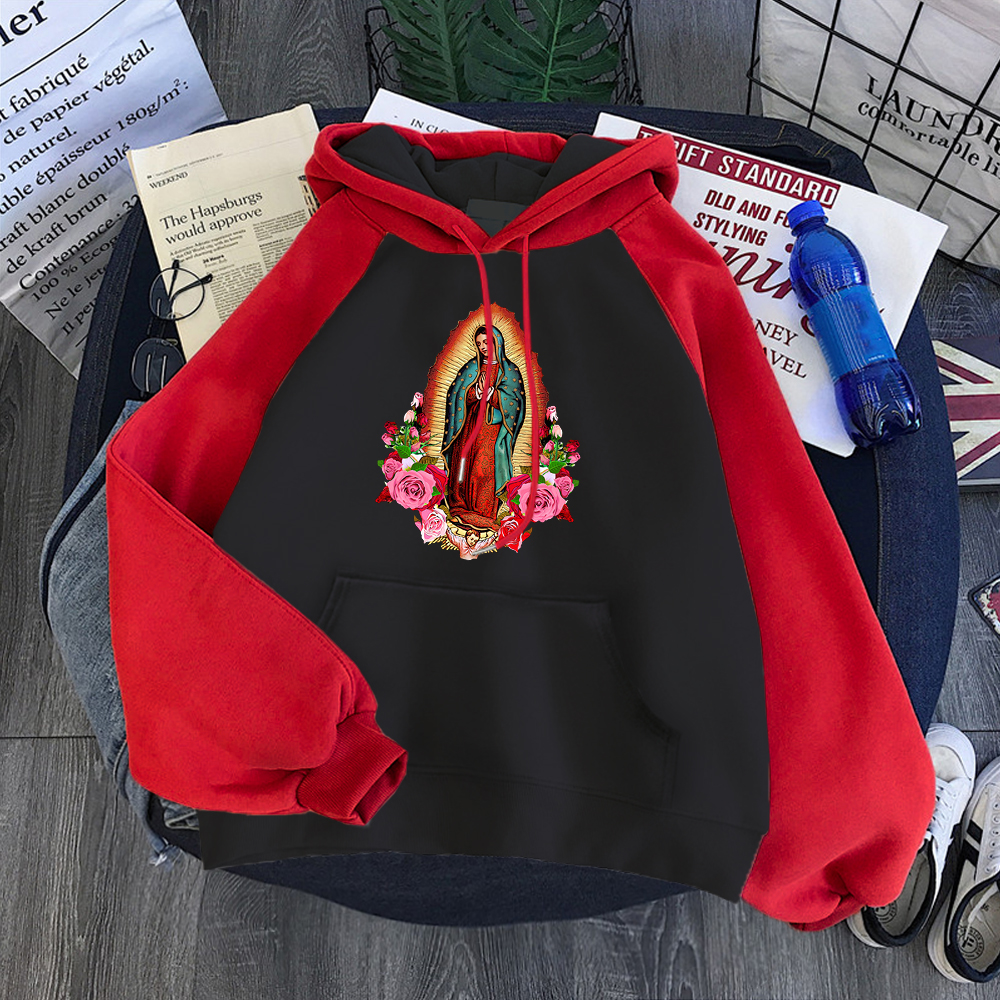 Virgin Mary Of Guadalupe Printed Sweatshirt Woman With Hood Warm Loose Couple Hoody Aesthetics Fashion Women’S Raglan Hoodies alx