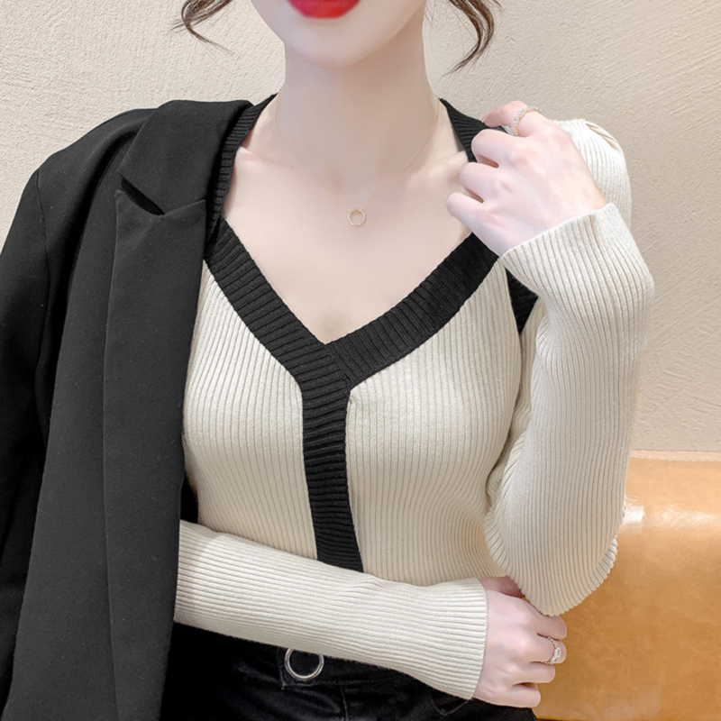 V-Neck Bubble Sleeve Slim Fit Undercoat Autumn and Winter Comfortable Casual Knitted Shirt Top Pure Lush Sweater alx