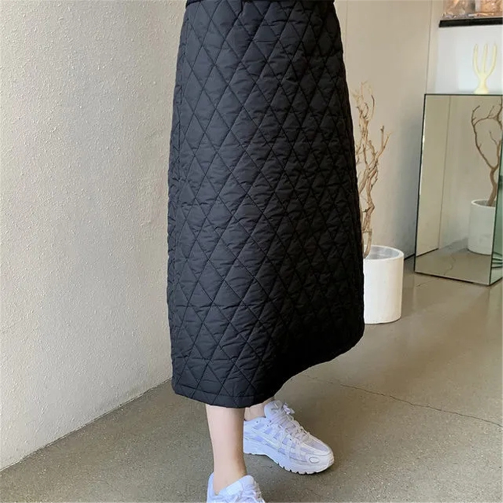 2 Piece Drawstring Hoodie Cotton Padded Quilted Sweater + Elastic Band Diamond Plaid Stitching Midi Skirts Suit Women Y2k Sets alx