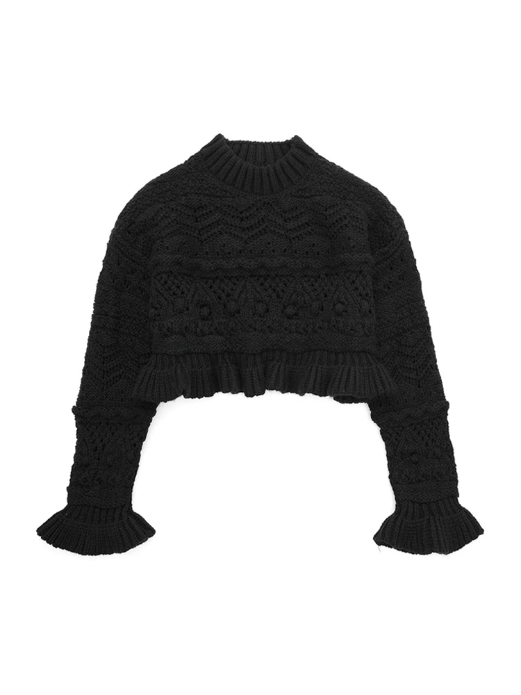 Black Sweater Crop Top Women Fashion Ruffled Loose Knit Sweaters Vintage O Neck Long Sleeve Female Pullovers Chic Jumpers woman alx