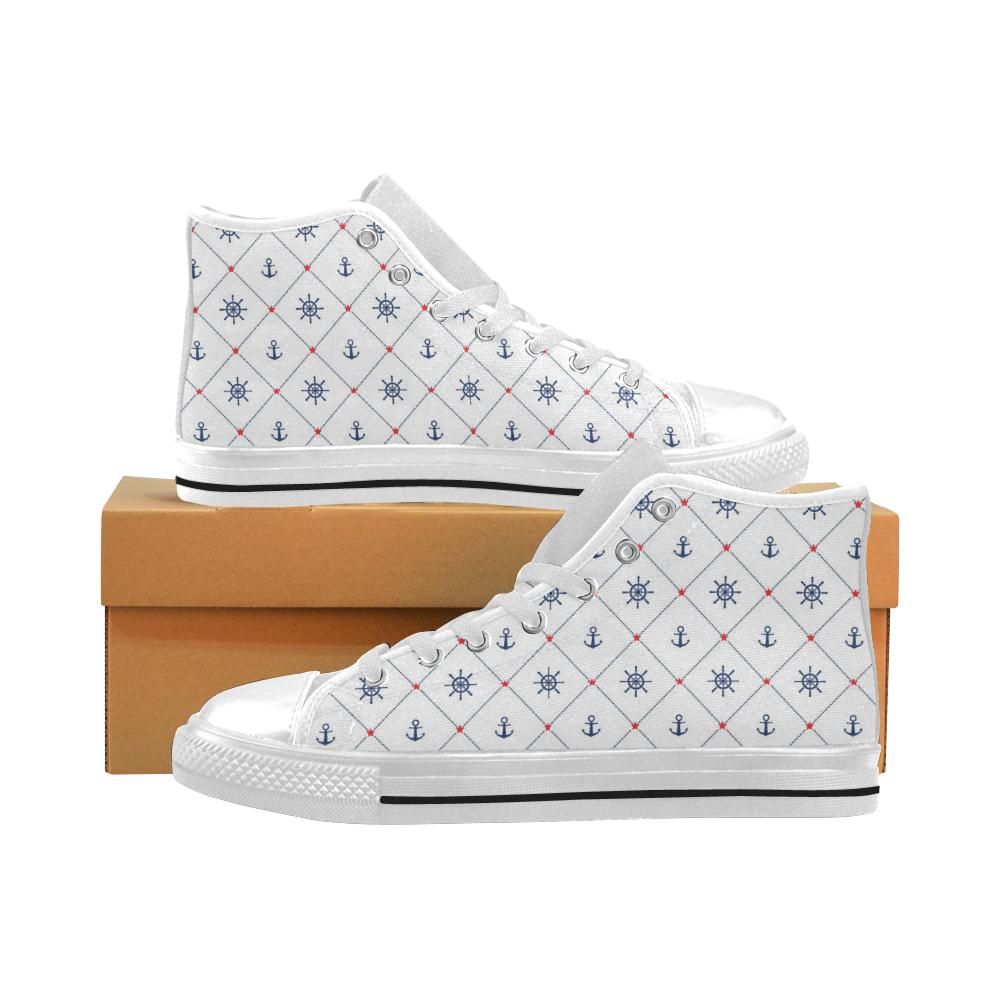 Anchor rudder nautical design pattern Men’s High Top Shoes White