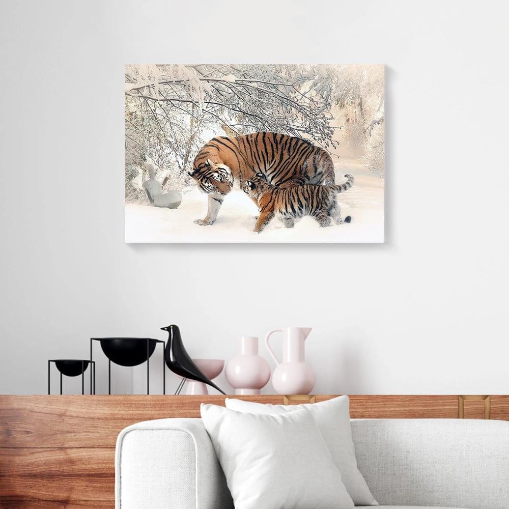 Canvas Artwork Tiger Family On Snow Full Printing Animal Wall Art Canvas Dorm Room Canvas