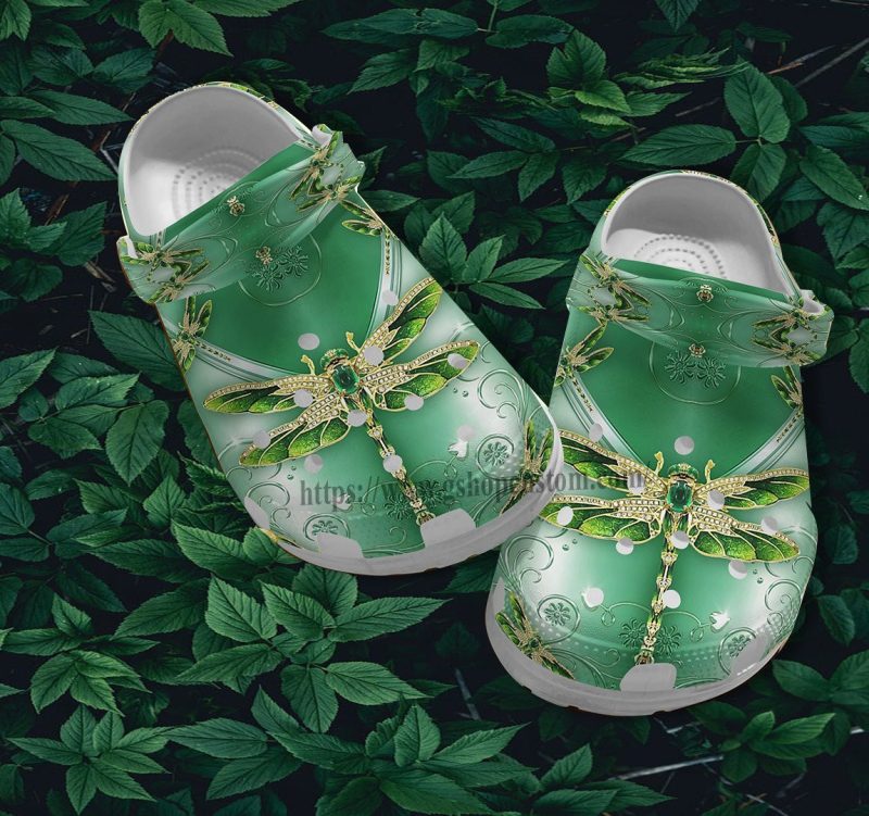 Dragonfly Golden Jade Green Twinkle Croc Shoes Gift Grandaughter- Dragonfly Shoes Croc Clogs Gift Mother Day