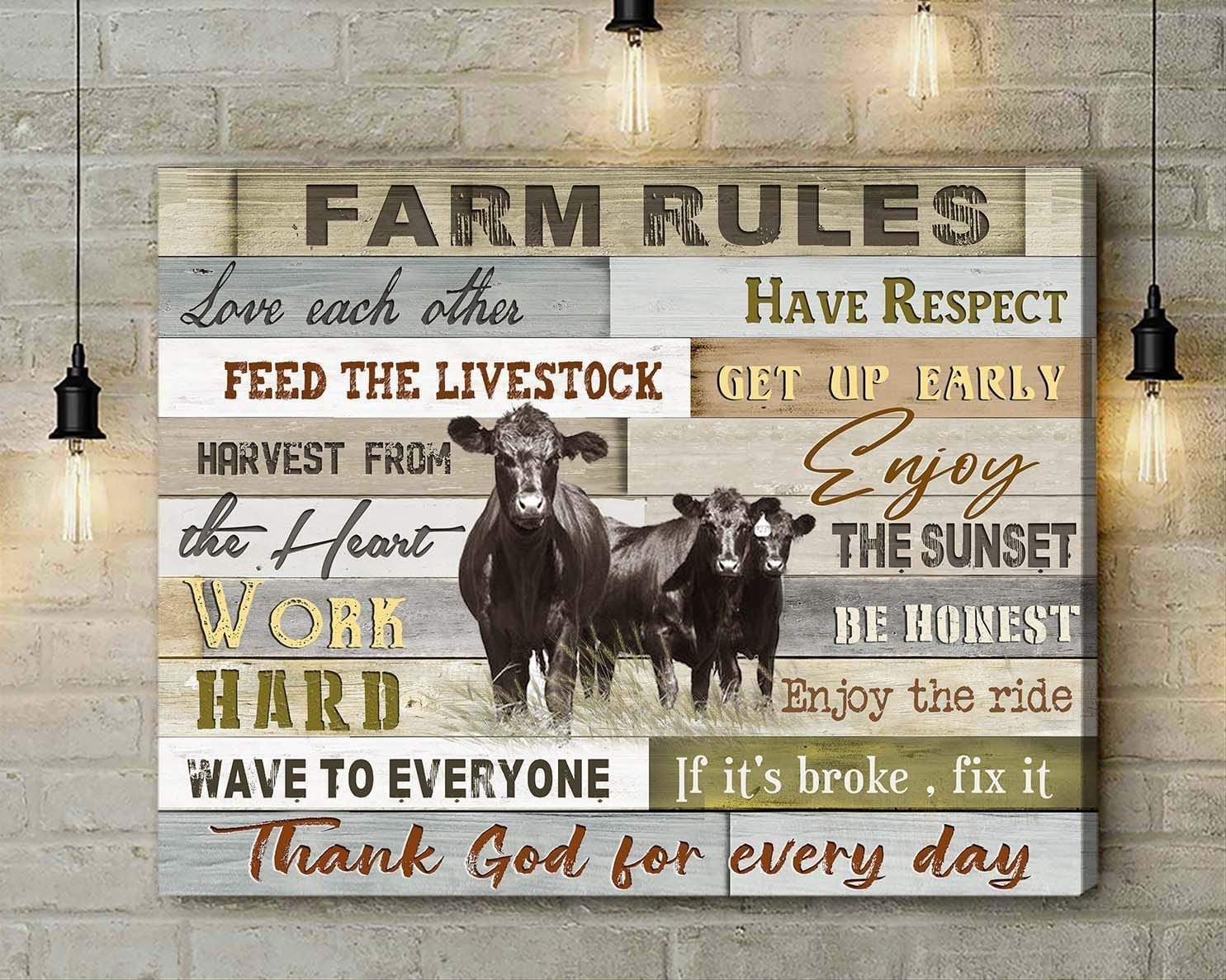 Canvas – Angus Cow – Farm Rules Gift For Family, Wall Art Decor, Canvas Print, Home Decor