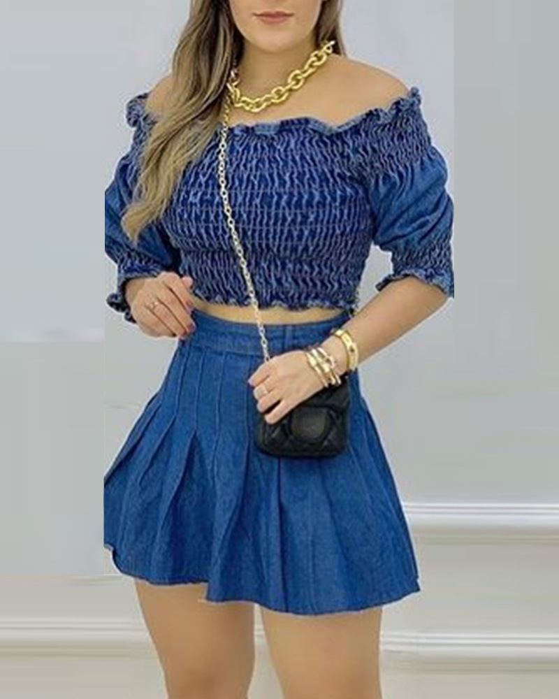 2022 Spring/Summer New Women’s Two-piece One-Line Neck Short Top + Denim Short Skirt Solid Color Suit alx