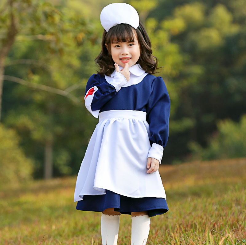 Umorden Kids Adult Blue Nurse Or Maid Costume Cosplay Uniform for Girls Women Parent-child Halloween Party Fancy Dress alx