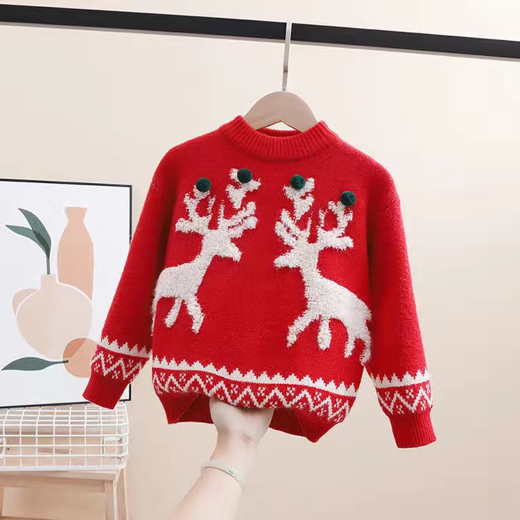 100-160cm Winter Children Christmas Sweater Outfits Boy Knitted Sweaters Warm reindeer Pullover Red Kids Girls Clothes Knitwear alx