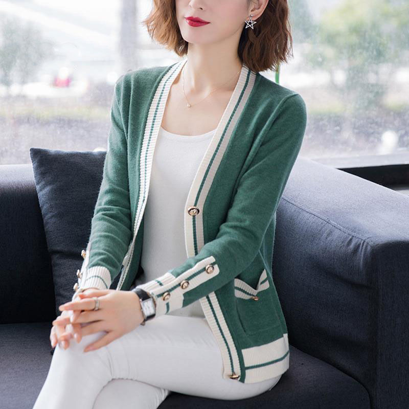 Spring And Autumn Cardigan Women’s New Women’s Spring V-neck Top Long Sleeve Sweater Color Matching With Sweater Coat alx