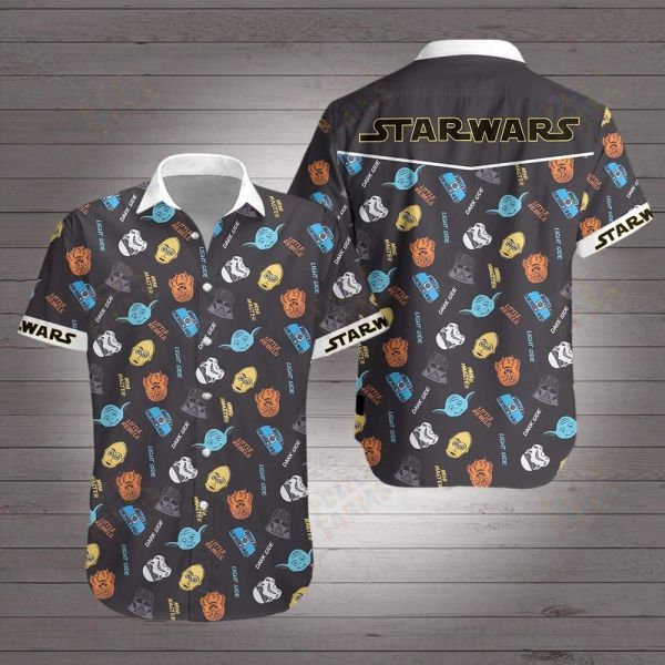 Unifinz Sw Hawaiian Shirt Darth Vader Chewbacca Yoda Heads Pattern Black Aloha 2022 Ha97628