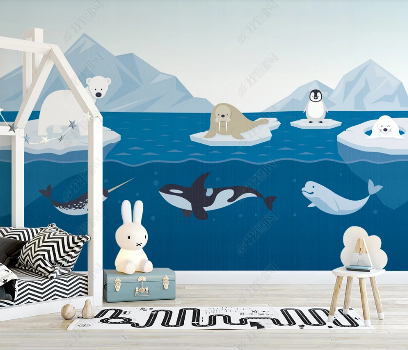 3D Cartoon Sea Mountains Dolphin Polar Bear Wall Mural Wallpaper Lqh 117