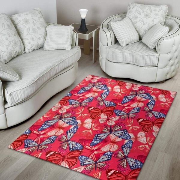 Red and Blue Butterfly Print Area Rug