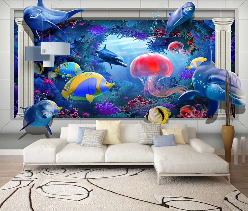 3D Underwater World Jellyfish Dolphin Wall Mural Wallpaper Lqh 195