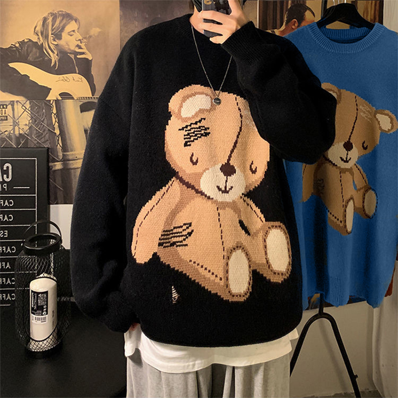 Cute Bear Sweater Men Autumn Winter Y2k Clothes Korean Style Oversize Knitted Sweater Couple Harajuku Pullover Casual Sweaters alx