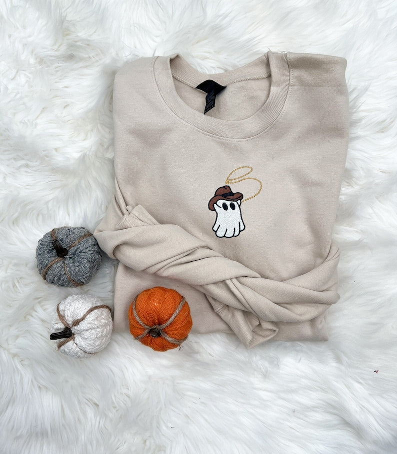 Embroidered Cowboy Ghost Halloween Sweatshirt Crewneck Sweatshirt All Over Print Sweatshirt For Women Sweatshirt For Men Sws2479