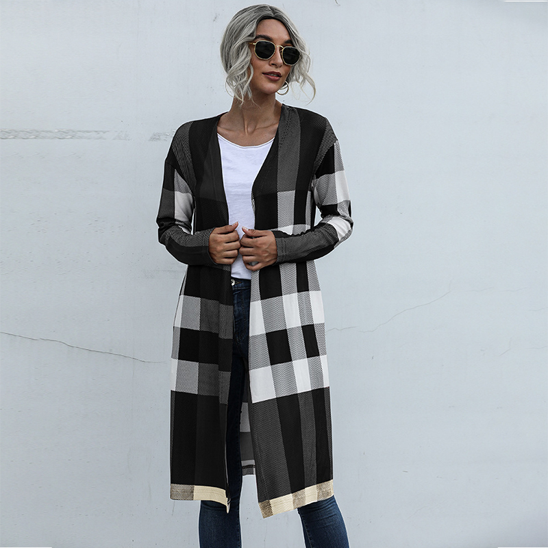 Spring And Autumn Women Cardigan Long Sleeve Plaid Knitted Long Cardigans Casual Korean Fashion Coat Elegant Jackets Female alx