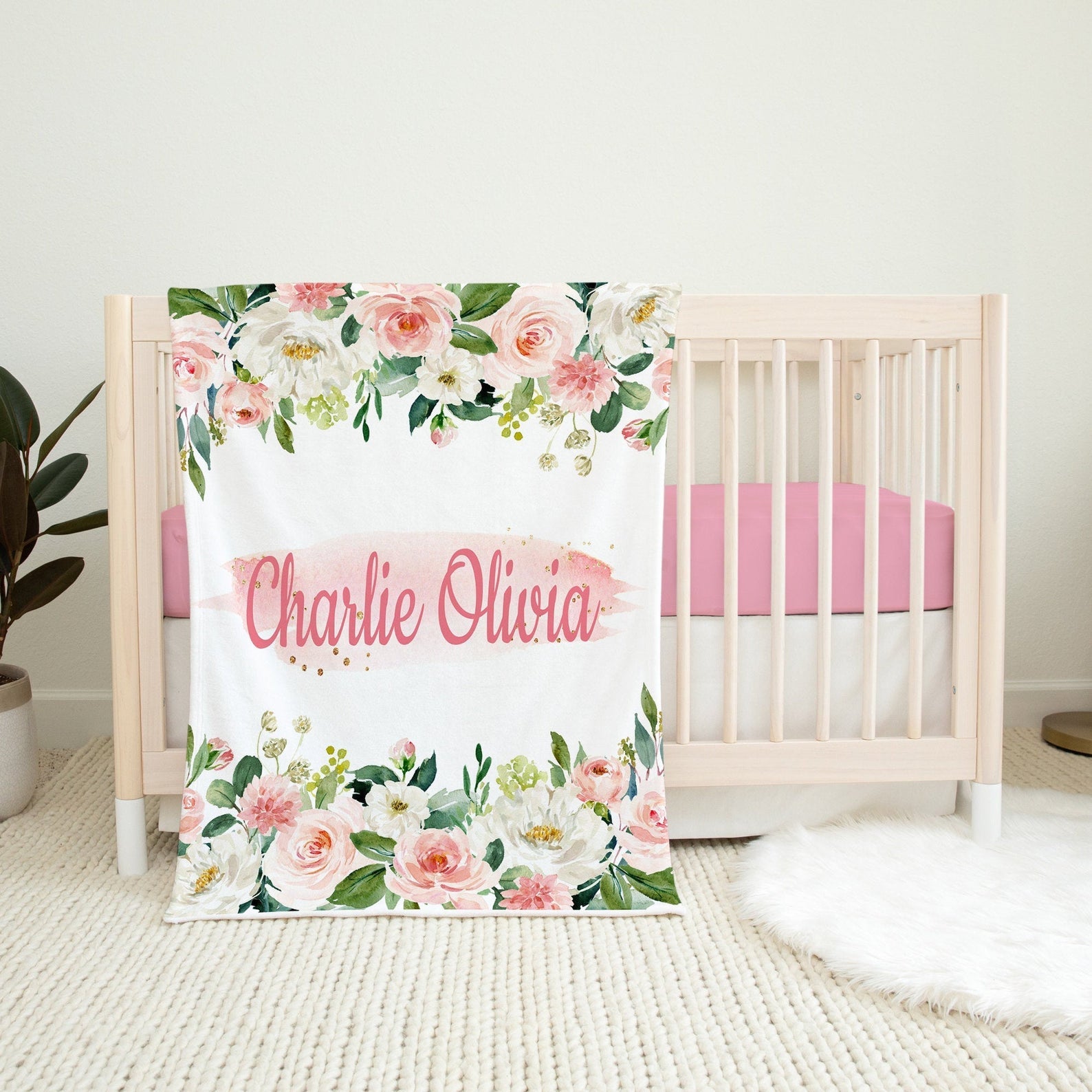 Blush Pink Floral Baby Blanket, Personalized Baby Blanket Gift, Blush Pink Floral Roses Personalized Blanket, Baby Shower Gift