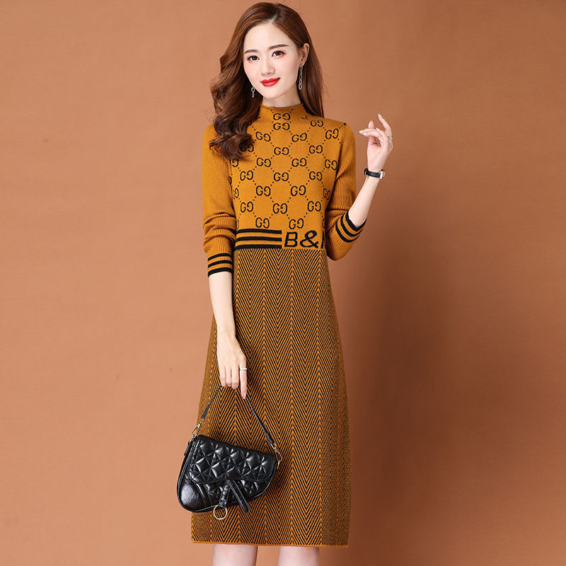 Autumn Winter Oversize Knitting Sweater Dress 2022 New Turtleneck Pullover Patchwork Pattern Print Female Knee-Length Dresses alx