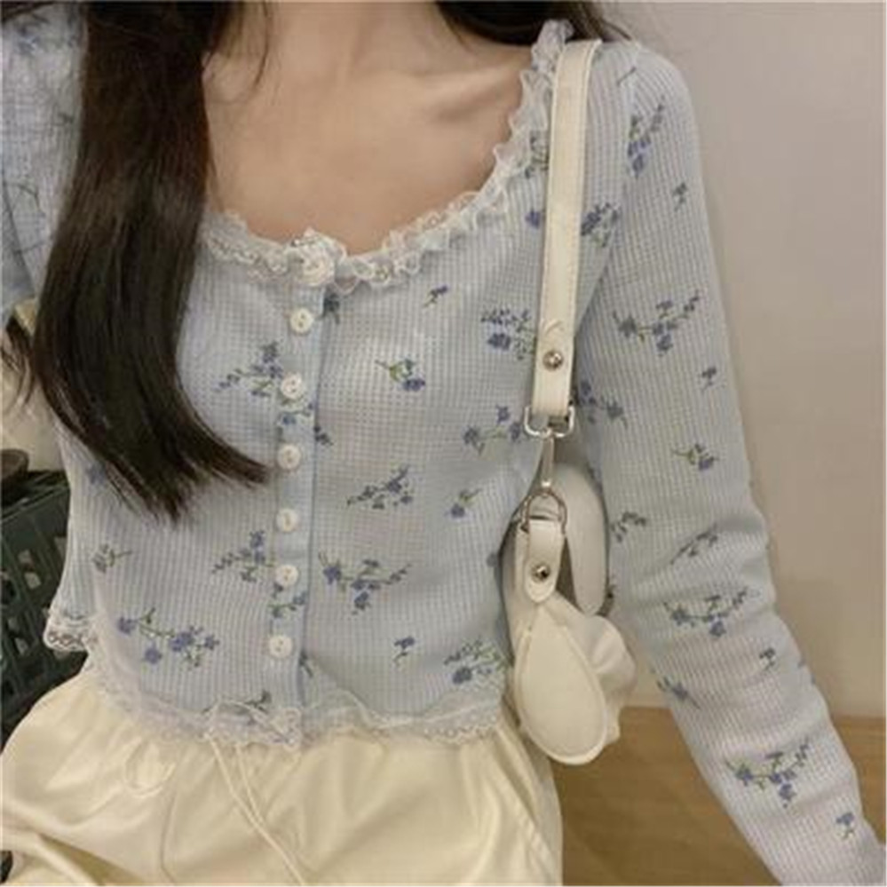 2021 Women Cardigan Sweet Crop Top Design Patchwork Lace Floral Gentle Students All-match Retro Single Breasted Korean Style alx