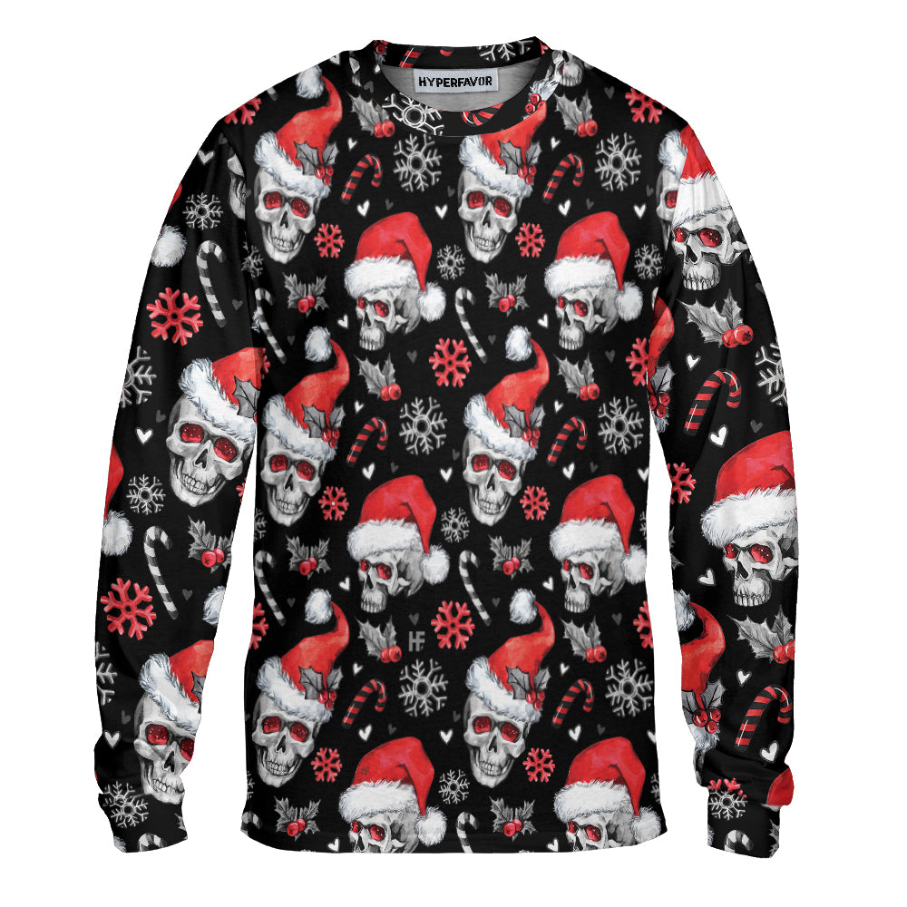 Christmas Skulls With Candy Canes All Over Print Long Sleeve T-Shirt, Skull Santa Hats Long Sleeve Shirt