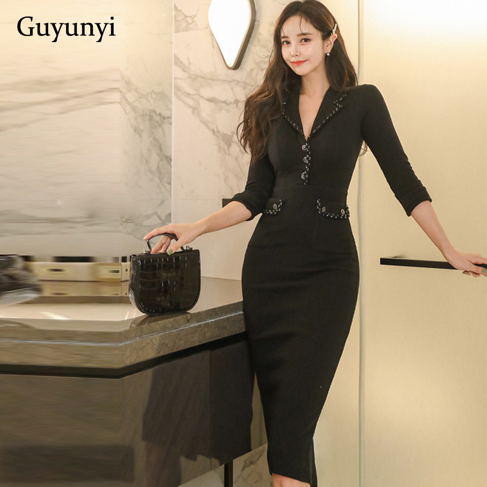 Temperament OL Dress 2022 Spring Black Notched Collar Decorative Buckle High Waist Tight Elegant Career Office Lady Dress alx