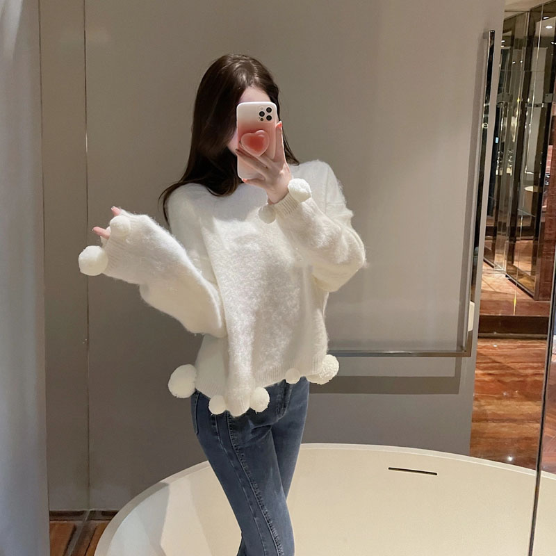 Women Cute Ball Ball Pink Knitting Sweater 2021 Autumn Season Temperament Loose Long Sleeve Top Ladies Gentle Sweet Pullovers alx