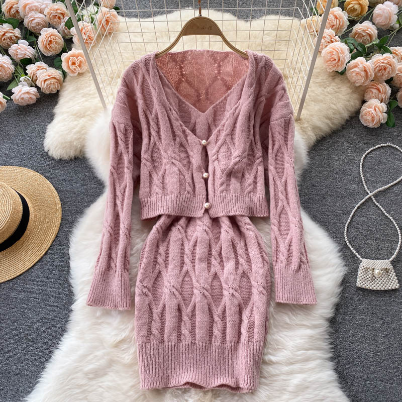 Women Autumn Winter Korean Knitted Set Long Sleeve Button Loose Cardigan+Sleeveless Slim Strap Dress Two Piece Suits alx