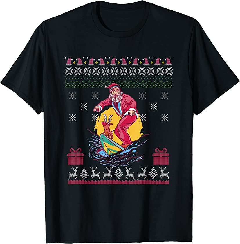 Ugly Christmas Surfing Surfer Deer Surf Santa Claus New Year T-Shirt