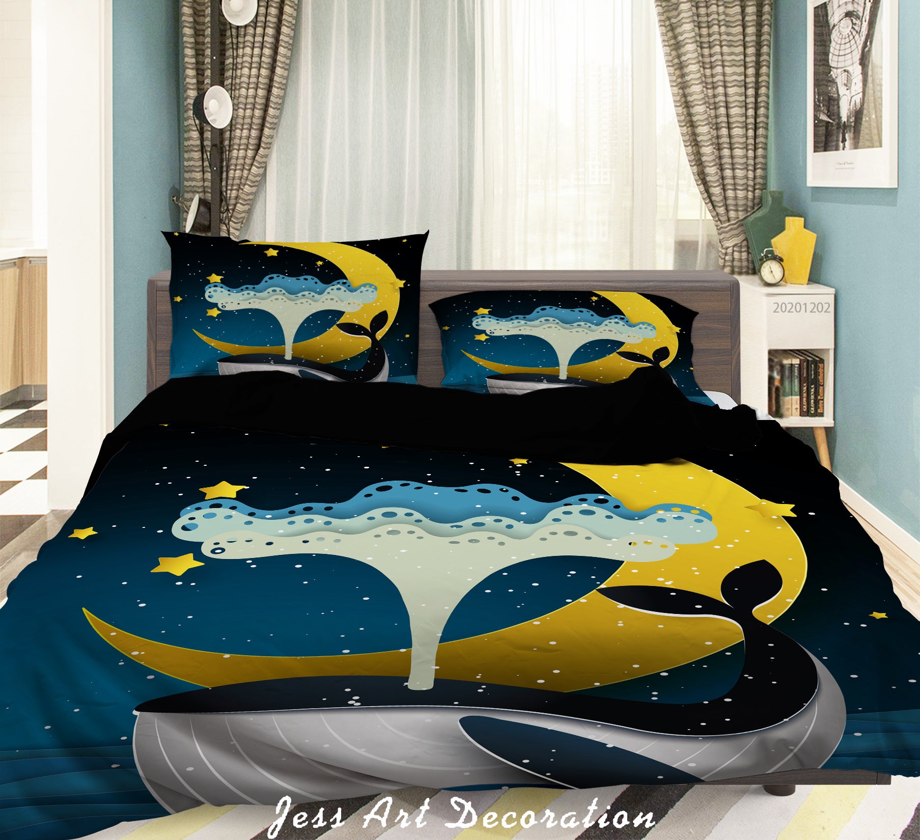 3D Cartoon Night Moon Star Cloud Ocean Whale Quilt Cover Set Bedding Set Duvet Cover Pillowcases Lxl